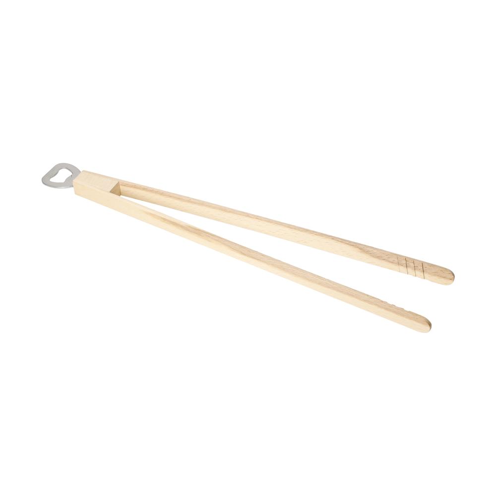 De tekst ist korrekt in die niederländische Sprache übersetzt. Hier ist der Text unverändert: Houten barbecuetang Opener met flesopener, 43 cm.