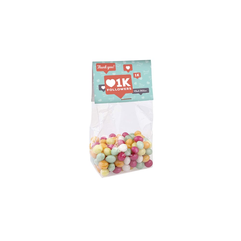 Blokzakje met kopkaartje en 100 gram snoep - transparant/wit