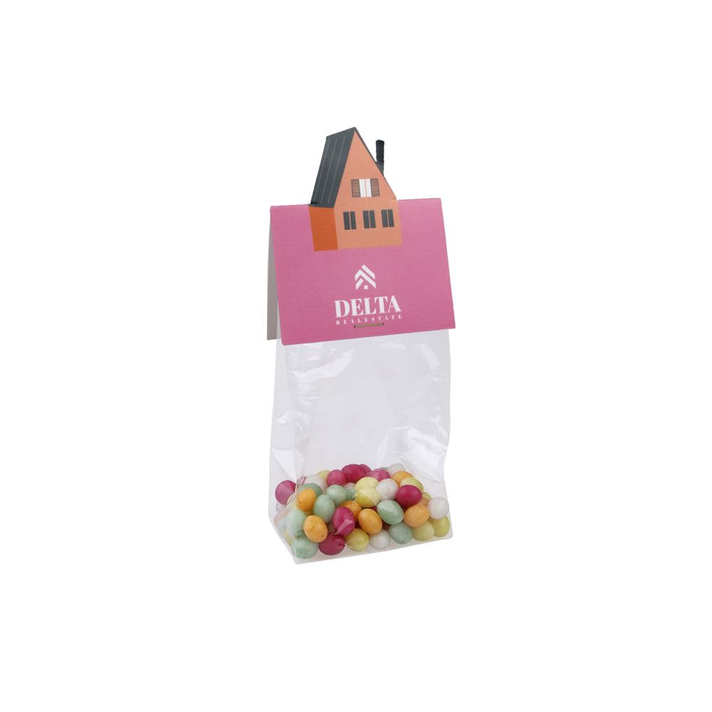 Blokzakje met kopkaartje in eigen vorm en 50 gram snoep - transparant/wit