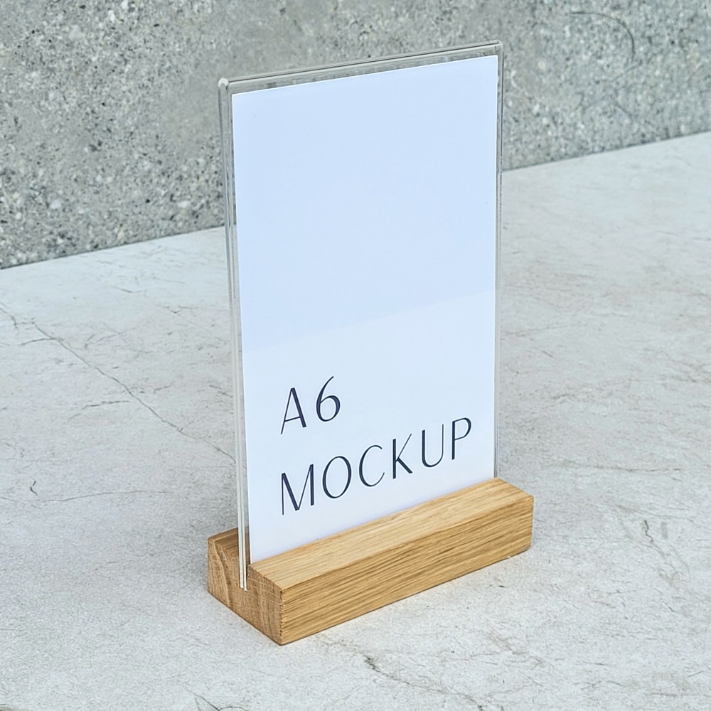 A6-menustandaard uit eikenhout met acrylhouder 105×40×20 mm groef 3,5×15 mm, hardwax