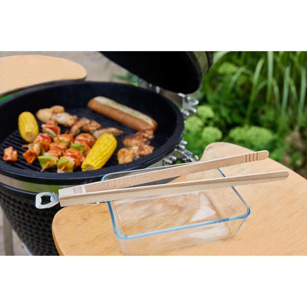 De tekst ist korrekt in die niederländische Sprache übersetzt. Hier ist der Text unverändert: Houten barbecuetang Opener met flesopener, 43 cm.