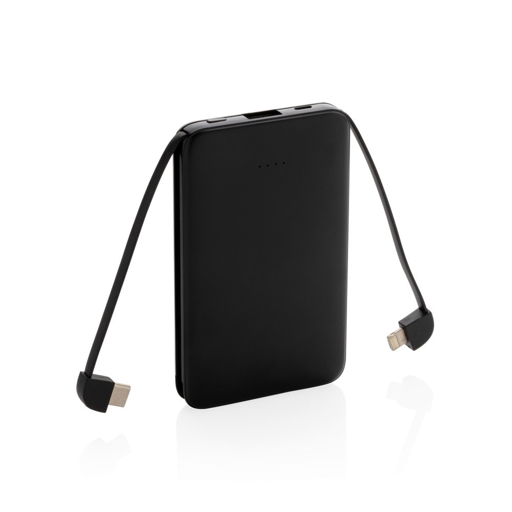 5.000 mAh zakformaat powerbank met geïntegreerde kabels - zwart (± PMS Black)