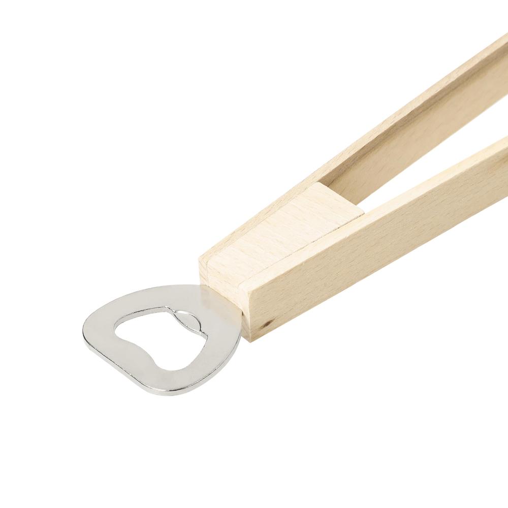 De tekst ist korrekt in die niederländische Sprache übersetzt. Hier ist der Text unverändert: Houten barbecuetang Opener met flesopener, 43 cm.