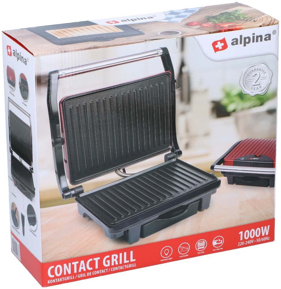 ALPINA Contact Grill 220-240V 1000W 27x17cm- Rood