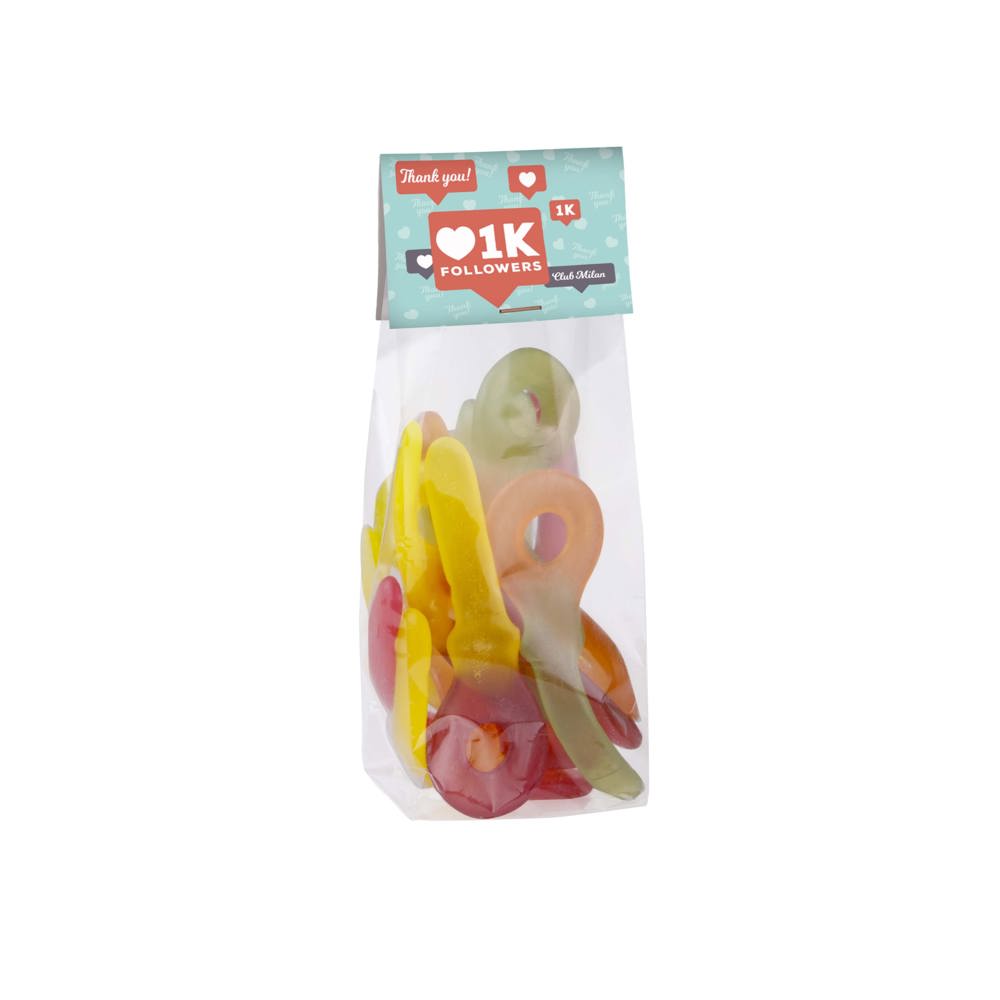 Blokzakje met kopkaartje en 150 gram snoep - transparant/wit